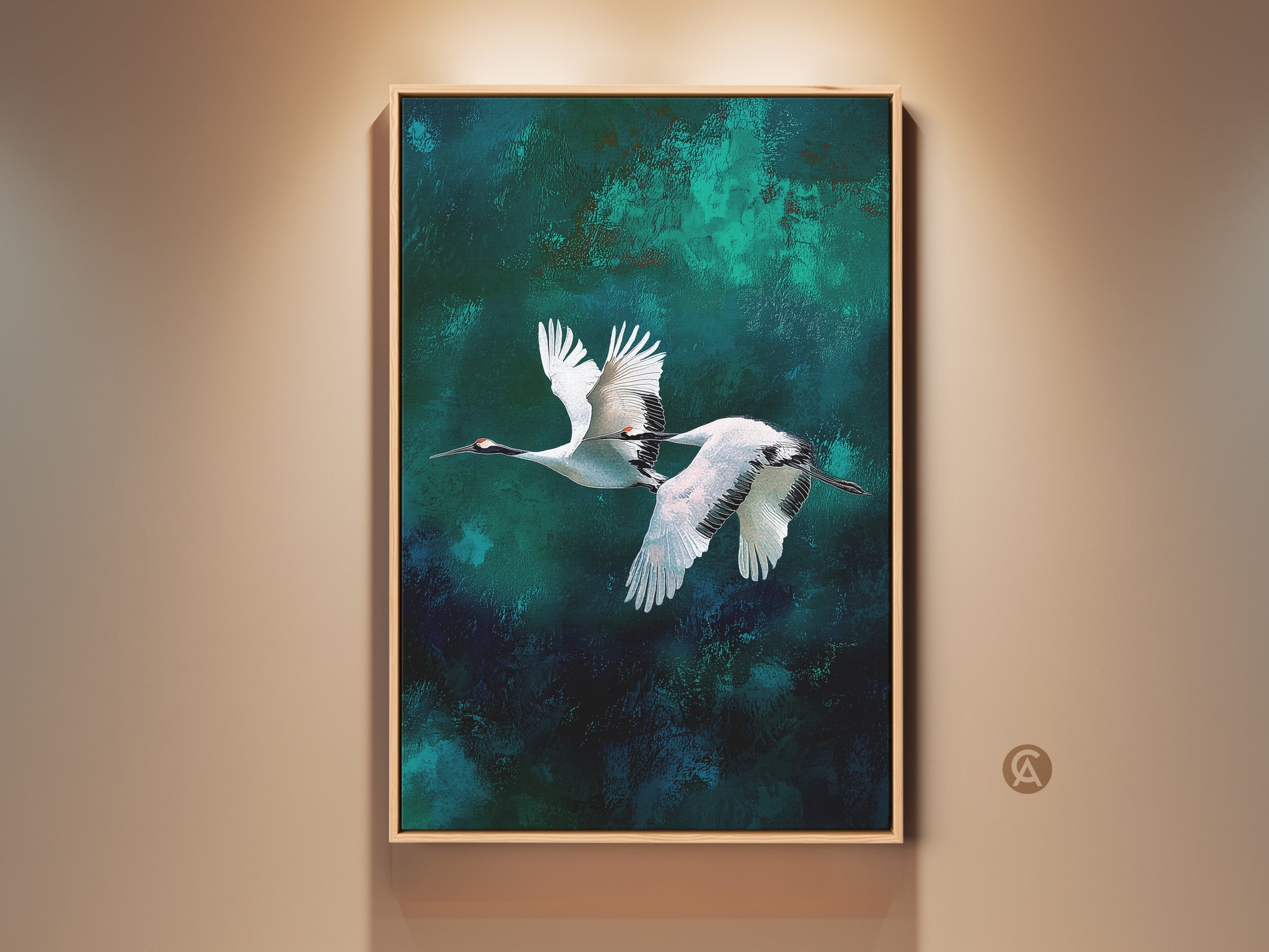 Gallery view featuring abstract teal crane wall art. It showcases flying birds in an ink wash print style. This emerald modern minimalist canvas adds nature inspired beauty. The artwork makes a thoughtful housewarming gift.