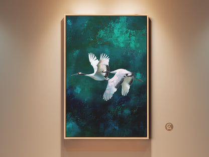 Gallery view featuring abstract teal crane wall art. It showcases flying birds in an ink wash print style. This emerald modern minimalist canvas adds nature inspired beauty. The artwork makes a thoughtful housewarming gift.