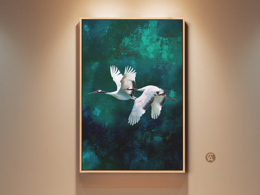 Gallery view featuring abstract teal crane wall art. It showcases flying birds in an ink wash print style. This emerald modern minimalist canvas adds nature inspired beauty. The artwork makes a thoughtful housewarming gift.