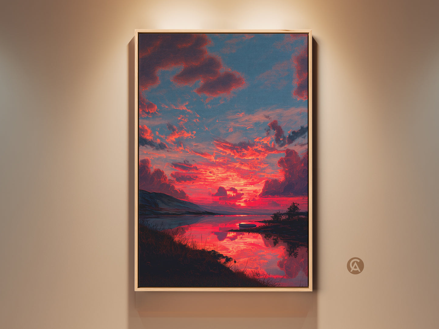 Expressive crimson sunset canvas art displayed in a residential setting. The contemporary skyscape landscape print offers nature wall decor ideas for a bedroom or living room. This housewarming gift brings a modern and elegant touch to any home. The art is displayed under warm lighting showcasing the orange and teal sky art.