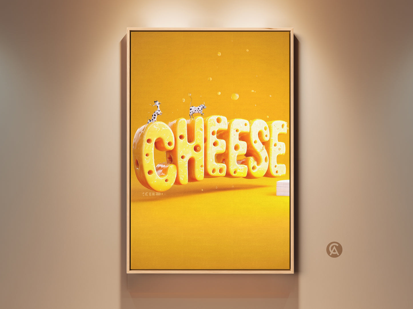 A framed canvas print showcases a surreal 3D cheese word art. The yellow and orange tones create a playful food-themed decor. This eclectic kitchen art adds a humorous touch. Spotted cow figures enhance its unique housewarming gift appeal.