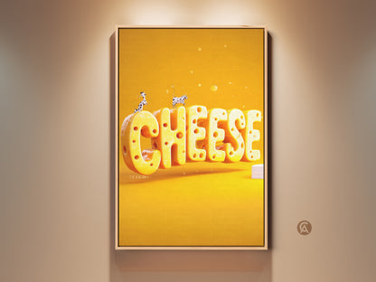 A framed canvas print showcases a surreal 3D cheese word art. The yellow and orange tones create a playful food-themed decor. This eclectic kitchen art adds a humorous touch. Spotted cow figures enhance its unique housewarming gift appeal.