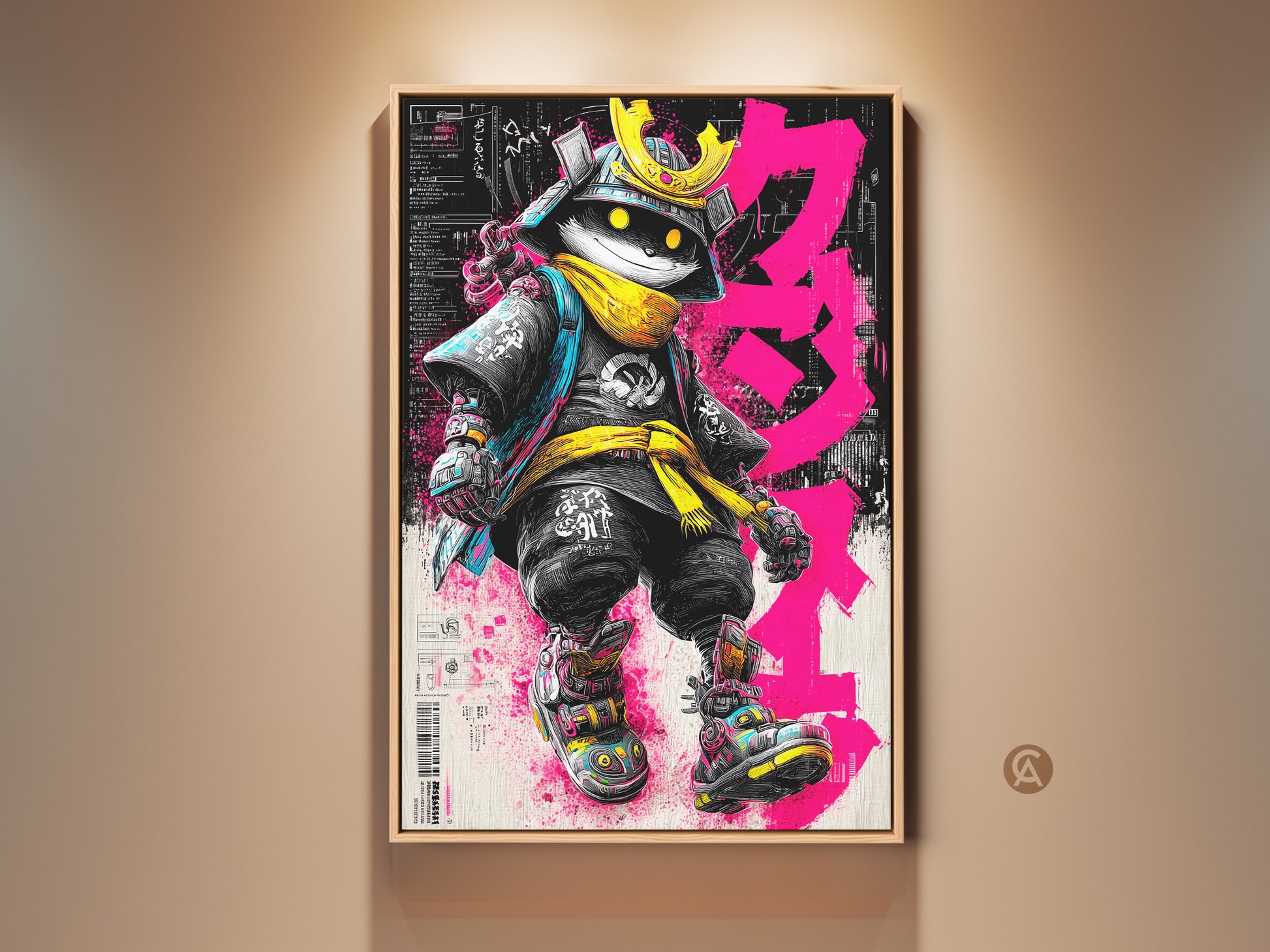 Framed Samurai Cat artwork. The artwork features a cat dressed as a samurai warrior. The cat wears a golden helmet and yellow scarf. The art is framed in a warm wood finish. The artwork is both cute and fierce. Shop now to bring this unique piece to your home.