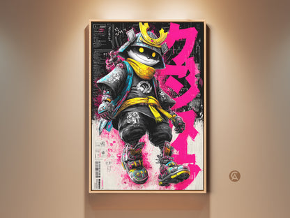 Framed Samurai Cat artwork. The artwork features a cat dressed as a samurai warrior. The cat wears a golden helmet and yellow scarf. The art is framed in a warm wood finish. The artwork is both cute and fierce. Shop now to bring this unique piece to your home.