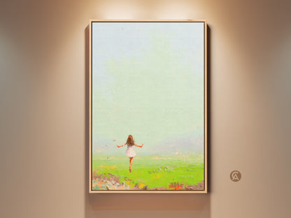 Experience freedom with this Emerald Green & Sky Blue art print. A young girl stands in a field under a soft sky. The impressionistic style brings nature's wonder to any space. This expressive girl in field painting is perfect for boho bedroom decor. An ideal gift for nature lovers who cherish joyful moments.