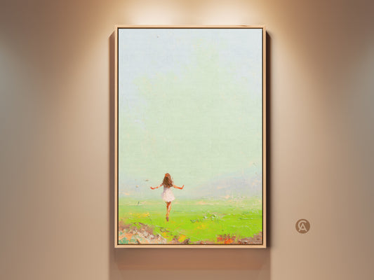 Experience freedom with this Emerald Green & Sky Blue art print. A young girl stands in a field under a soft sky. The impressionistic style brings nature's wonder to any space. This expressive girl in field painting is perfect for boho bedroom decor. An ideal gift for nature lovers who cherish joyful moments.