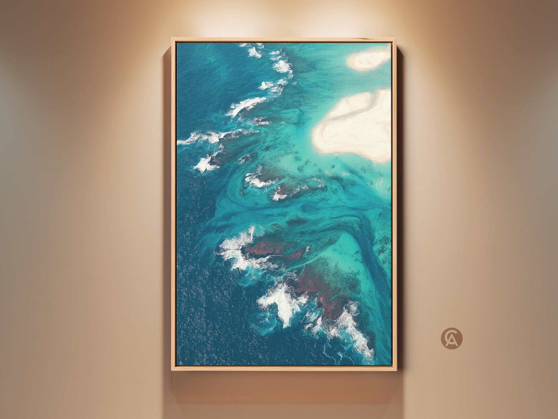 Framed abstract aerial ocean art print. This coastal turquoise beach canvas wall art adds a deep blue seascape decor to any space. A perfect housewarming gift for beach lovers. The artwork brings the beauty of ocean views indoors.