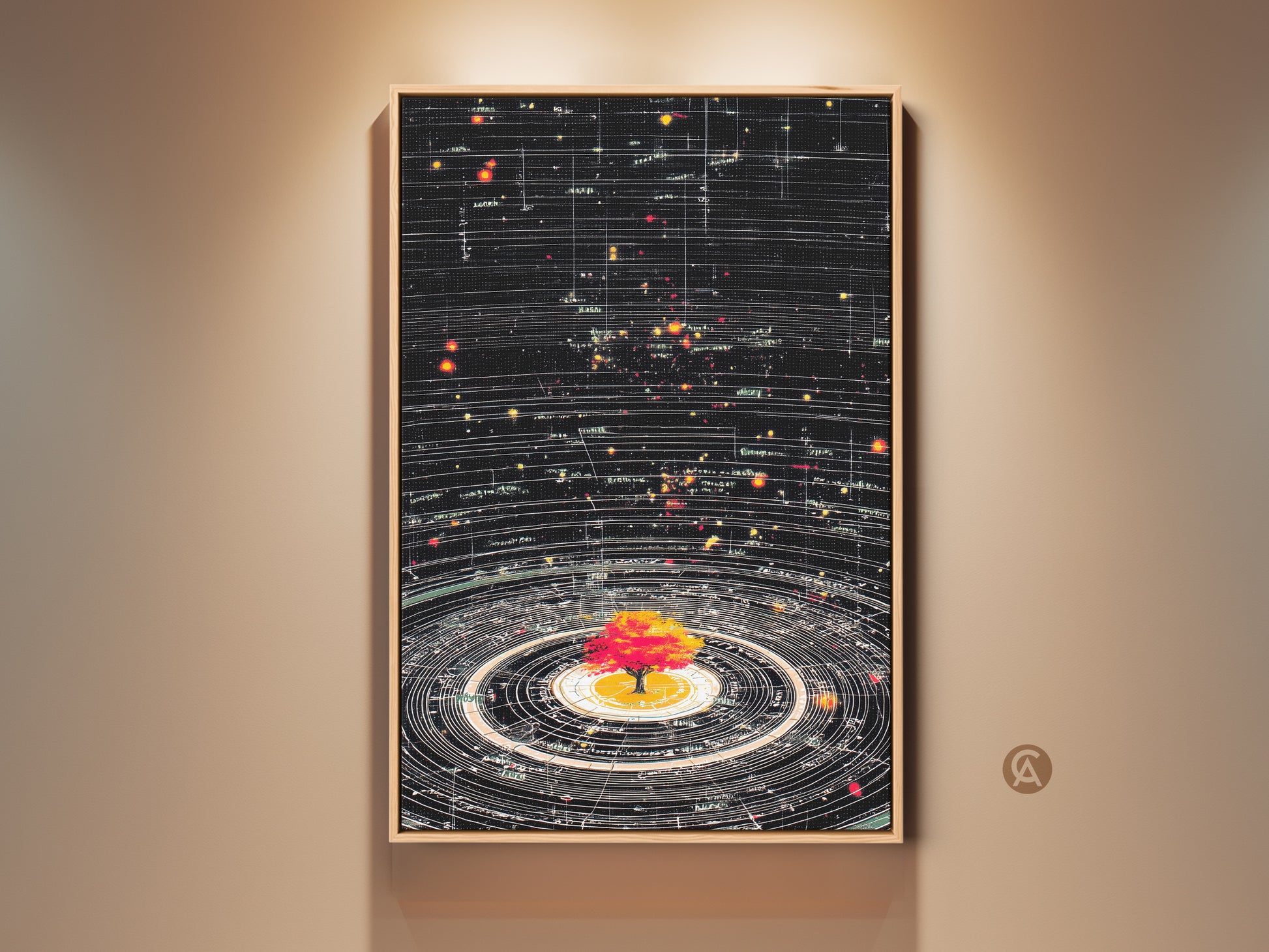 Framed Abstract Cosmic Tree of Life Art Print. Generative Space Orbits Canvas for science enthusiasts. Black canvas with yellow red stars creates captivating science theme wall decor. A modern contemporary piece for study room office wall. Perfect unique astronomy stargazing birthday gift art.