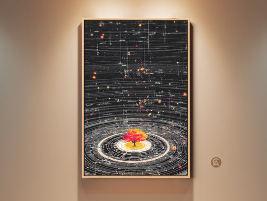 Framed Abstract Cosmic Tree of Life Art Print. Generative Space Orbits Canvas for science enthusiasts. Black canvas with yellow red stars creates captivating science theme wall decor. A modern contemporary piece for study room office wall. Perfect unique astronomy stargazing birthday gift art.