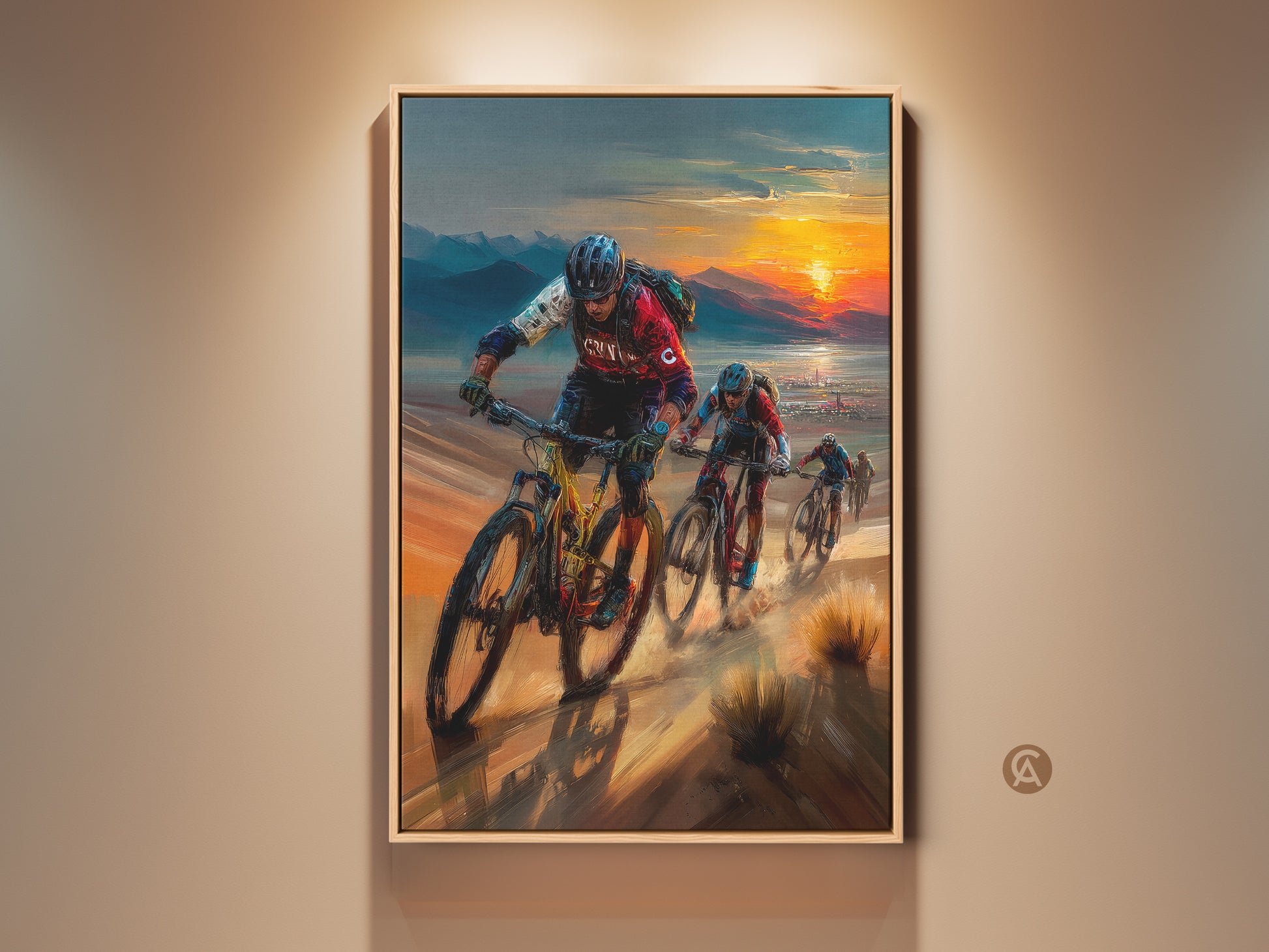 Experience the thrill with this mountain biking canvas artwork. A group of cyclists ride into a warm sunset. This adventure landscape wall art features earth tones and captures the spirit of the sport. Perfect contemporary decor for a sports enthusiast's home or office. It adds energy and excitement to any space.