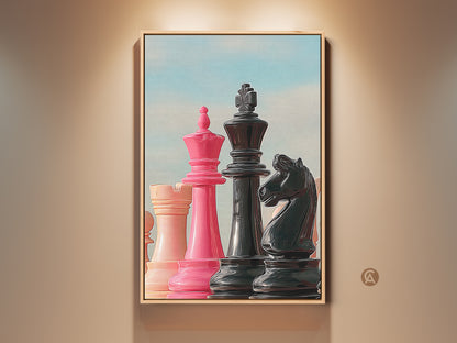 Modern chess art print featuring a pink King and Queen and a black Knight. This contemporary artwork is framed and adds a touch of strategy and sophistication to any room. Ideal for game rooms office desk wall art or as a housewarming gift for chess lovers.