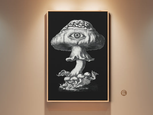 Framed Black and White Mushroom Eye Art Print in a room setting. This vintage surreal botanical wall art adds an eclectic touch. Perfect dark academia poster for a study room. It serves as unique home decor or a gift.
