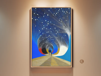 This is a framed art print. It shows a surreal space tunnel artwork with geometric abstract elements. The deep blue and gold colors add a modern touch. Perfect as celestial bedroom decor or a stargazers gift.