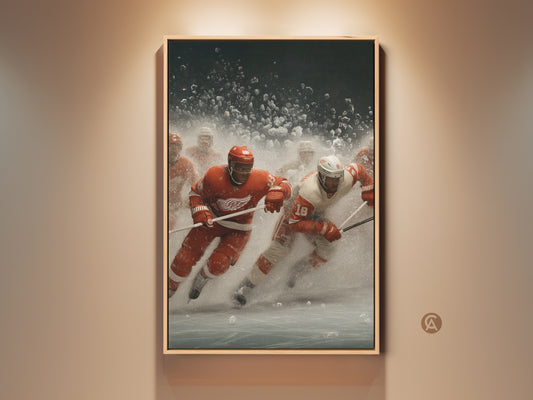 A dynamic Ice Hockey action shot on canvas art. This wall print shows the intense energy of the game in red and white. Ideal sports decor for a game room or a gift for hockey fans. The artwork captures the speed action in contemporary style.