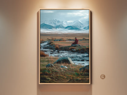 Framed artwork featuring a serene mountain landscape. A lone monk sits by a stream in contemplation. The art is displayed on a beige wall creating a peaceful atmosphere. Perfect spiritual art for home decor.