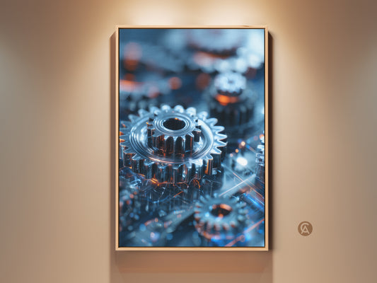 Framed abstract gears canvas art in a modern setting. The industrial technology wall print features blue and orange machinery decor. This cyberpunk office artwork adds a metallic touch. It's a unique gift for gadget lovers. The floating frame enhances the mechanical abstract art. Perfect for a tech-themed home or office workstation.