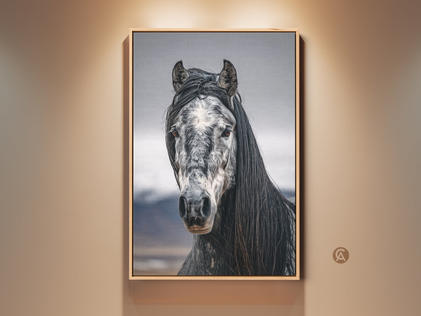 Rustic horse canvas print in a farmhouse style room. Photorealistic black and white animal art. Wildlife wall decor for bedroom is a beautiful equestrian gift. The neutral tones enhance this horse portrait.