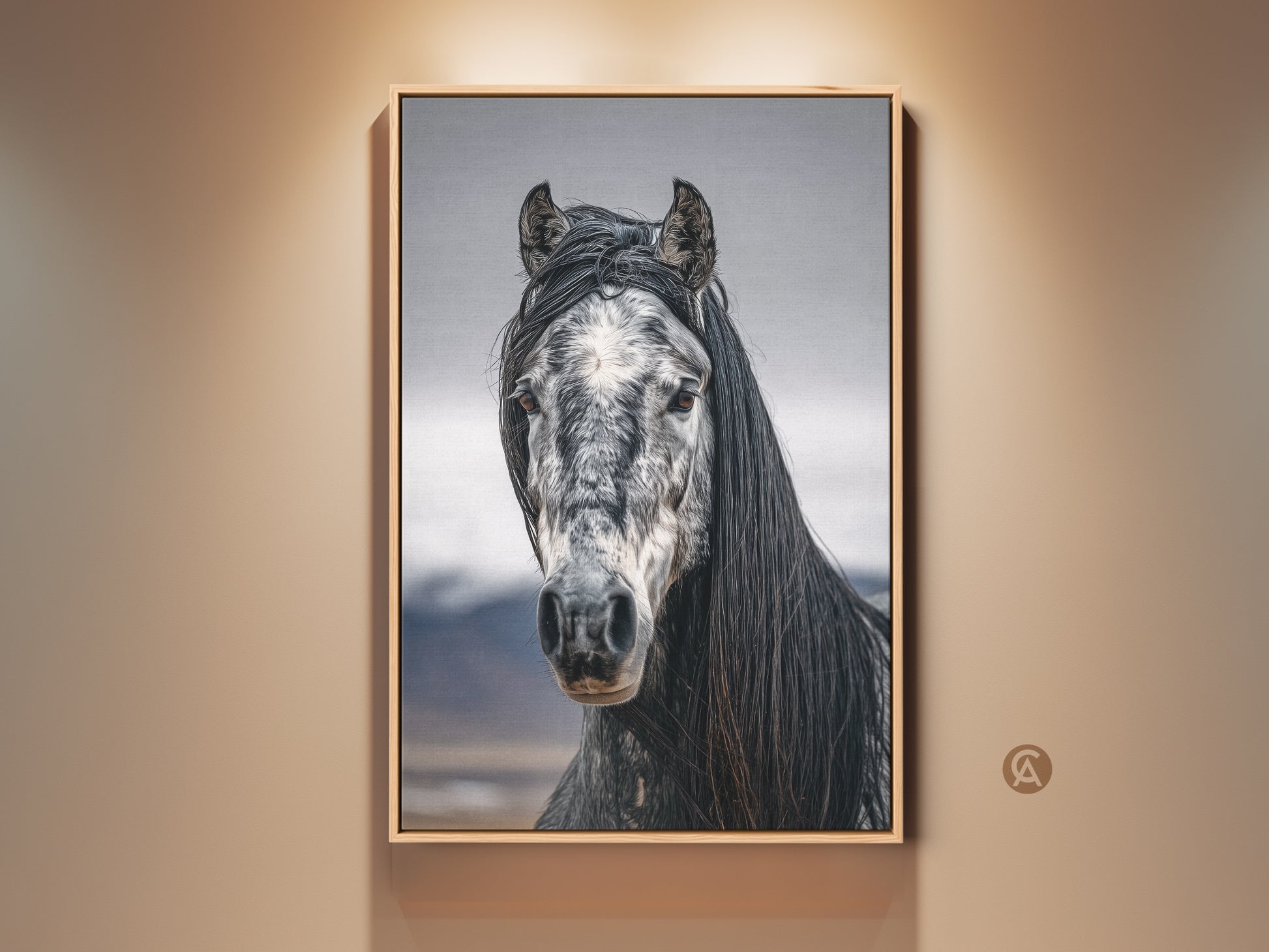 Rustic horse canvas print in a farmhouse style room. Photorealistic black and white animal art. Wildlife wall decor for bedroom is a beautiful equestrian gift. The neutral tones enhance this horse portrait.