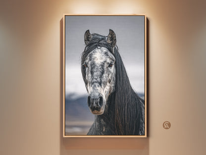 Rustic horse canvas print in a farmhouse style room. Photorealistic black and white animal art. Wildlife wall decor for bedroom is a beautiful equestrian gift. The neutral tones enhance this horse portrait.