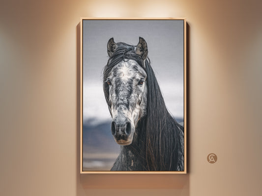Rustic horse canvas print in a farmhouse style room. Photorealistic black and white animal art. Wildlife wall decor for bedroom is a beautiful equestrian gift. The neutral tones enhance this horse portrait.