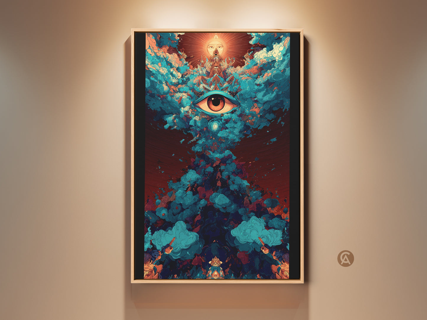 Framed abstract eye canvas art creates a spiritual focal point. Teal and orange psychedelic wall decor adds a unique flair. This surreal sun and clouds print offers eclectic home decor art. It makes a great spiritual gift for friends. A visionary piece for study rooms or offices.