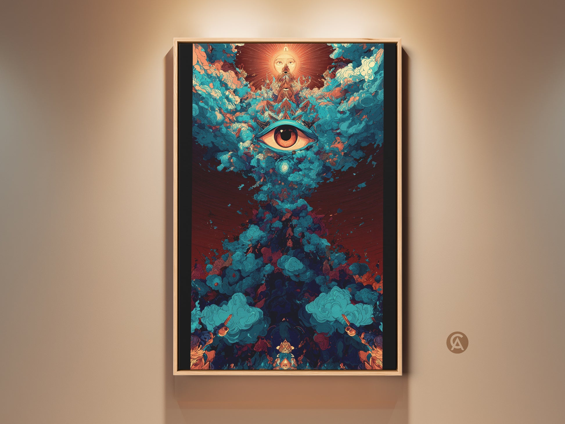 Framed abstract eye canvas art creates a spiritual focal point. Teal and orange psychedelic wall decor adds a unique flair. This surreal sun and clouds print offers eclectic home decor art. It makes a great spiritual gift for friends. A visionary piece for study rooms or offices.