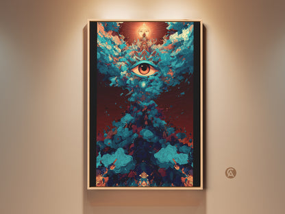 Framed abstract eye canvas art creates a spiritual focal point. Teal and orange psychedelic wall decor adds a unique flair. This surreal sun and clouds print offers eclectic home decor art. It makes a great spiritual gift for friends. A visionary piece for study rooms or offices.