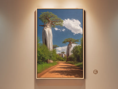 Framed African Baobab Tree art print in a room setting. This boho landscape wall decor shows a dirt road and green trees. It is a traveler's gift idea. Realistic nature canvas brightens any entry hall.