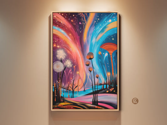 Gallery display shows a framed abstract dandelion canvas print. The fantastical nature wall art has warm oranges and cool blues. Accented by deep purples. This art piece will add imaginative surreal bedroom decor to any space. It serves as a gift for art lovers.
