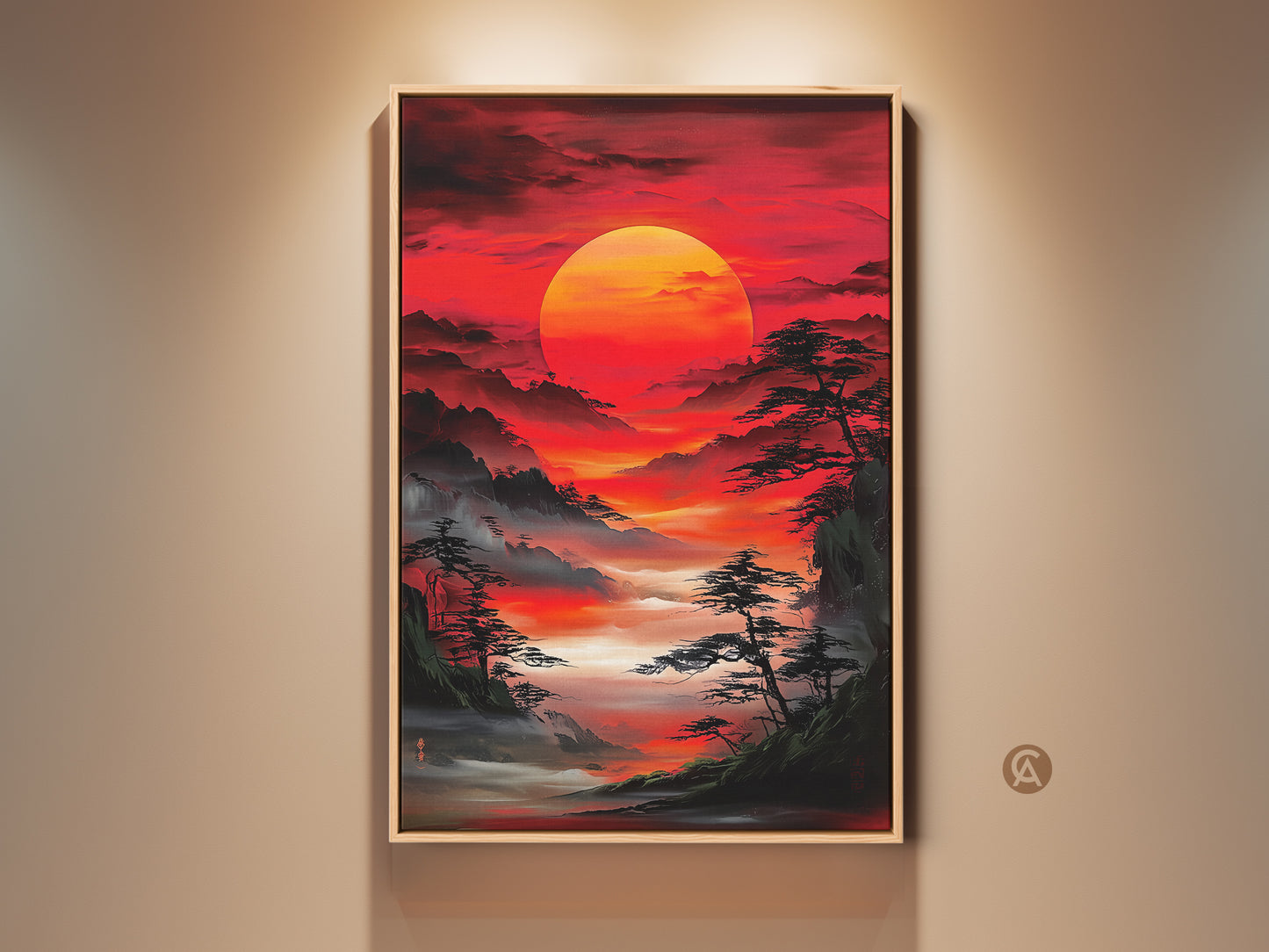Asian inspired landscape artwork features a fiery red sunrise. Misty mountains and pine trees create an eclectic feel. This canvas print adds drama and color to any room. Perfect nature inspired wall art for home decor.