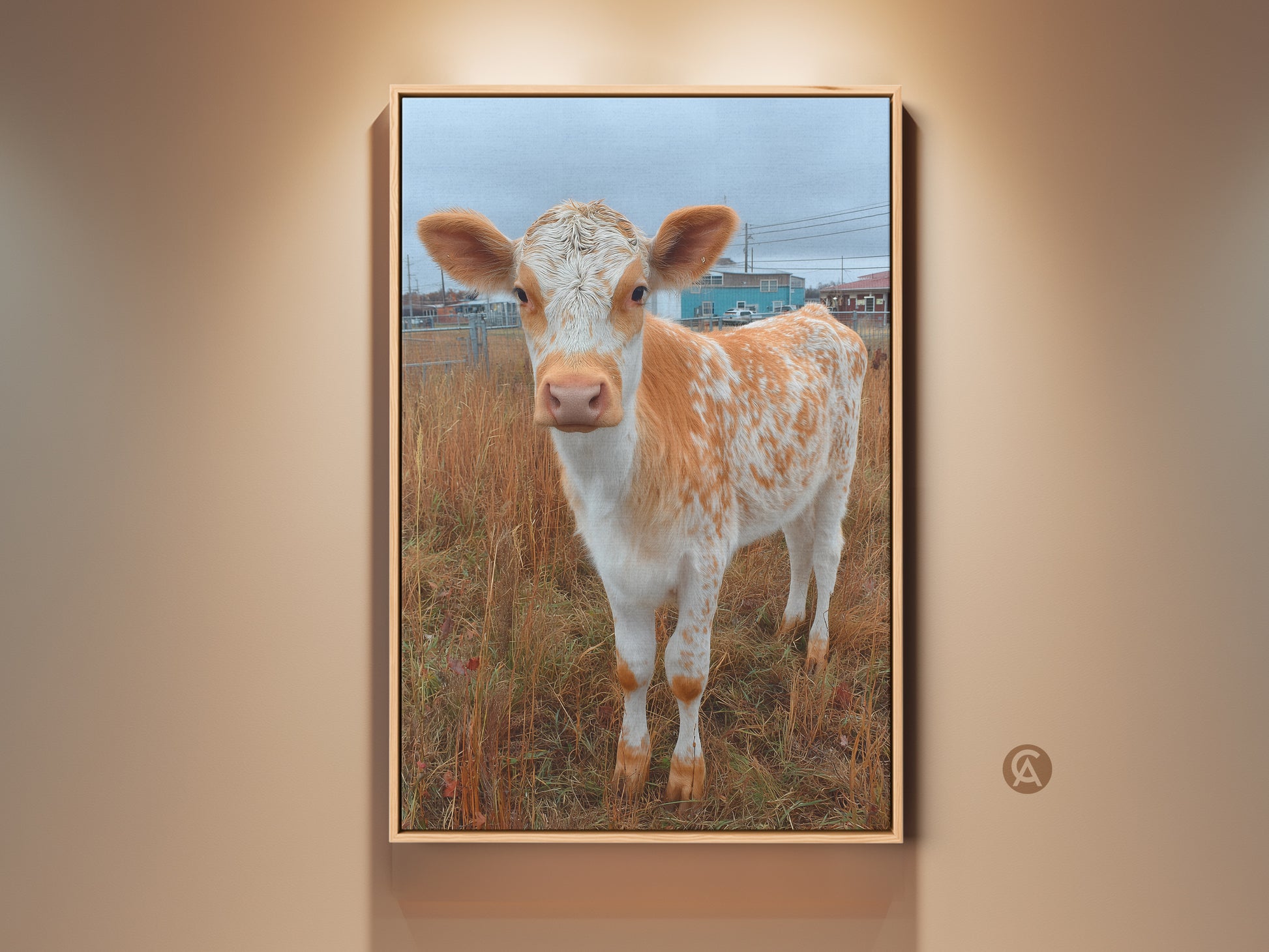 Framed artwork of a Holstein calf. This cute calf art will bring joy to any room. The artwork is displayed in a floating frame. Buy this canvas art to add country charm to your space.