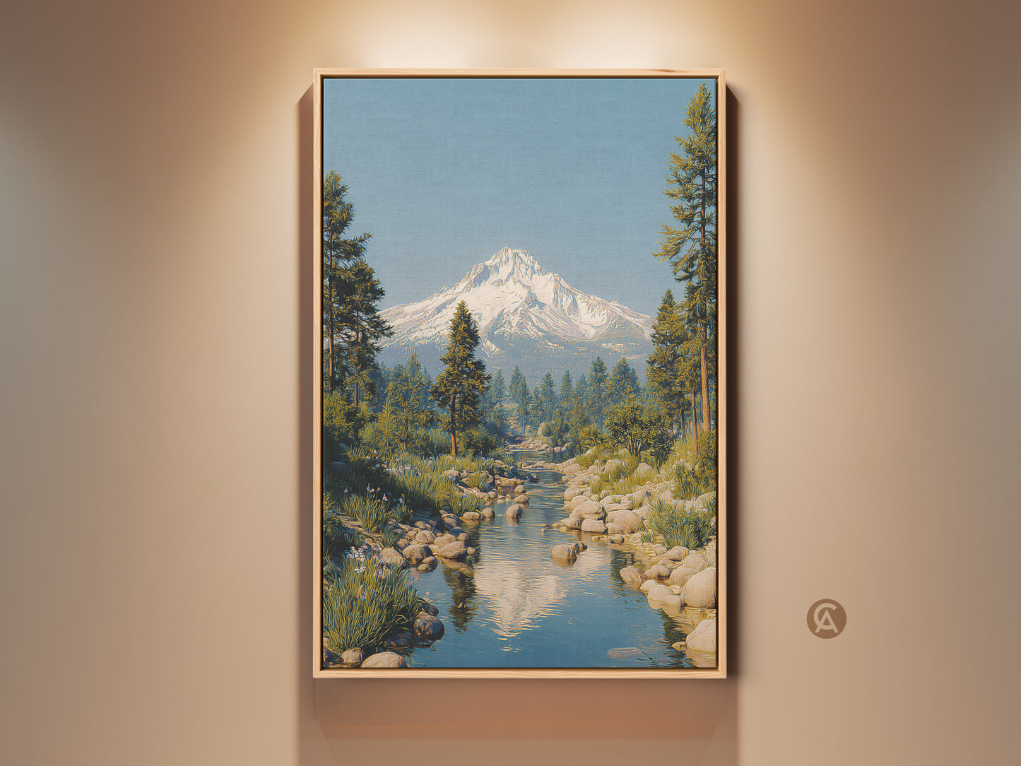 Rustic mountain river art print in a wooden frame. The snowy peak landscape canvas features pine trees and a blue sky. This scenic wall decor adds a peaceful touch to any room. It is a great housewarming gift for nature lovers and hiking enthusiasts.