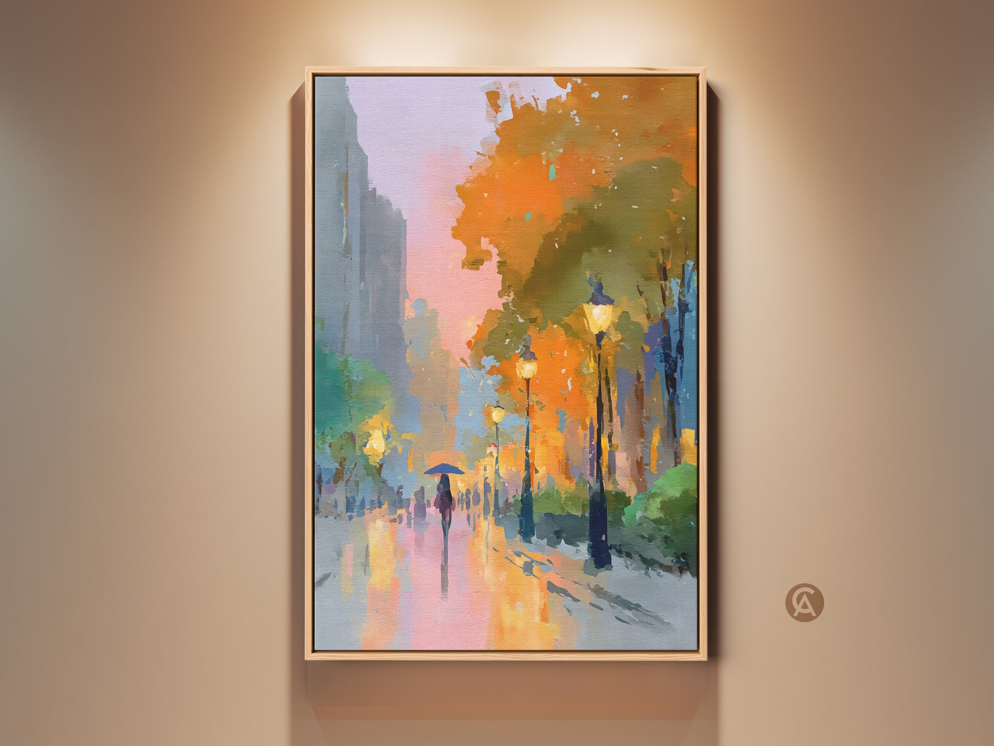 Expressive cityscape canvas print showcases a rainy street. A person with an umbrella walks beneath glowing street lamps. The art features warm oranges yellows and soft pinks. This contemporary urban art adds color and mood to any home decor.