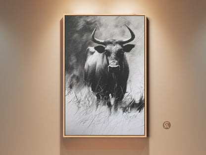 Rustic buffalo charcoal sketch print in a wood frame. This wildlife artwork is a striking monochrome piece. It enhances farmhouse decor and brings nature indoors. A perfect housewarming gift.