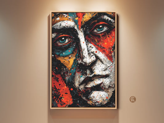 Framed portrait painting of a man's face. The artwork features a vibrant color palette. It is displayed in a natural wood frame. The painting adds a modern touch to any wall. The wall art is a great conversation starter.