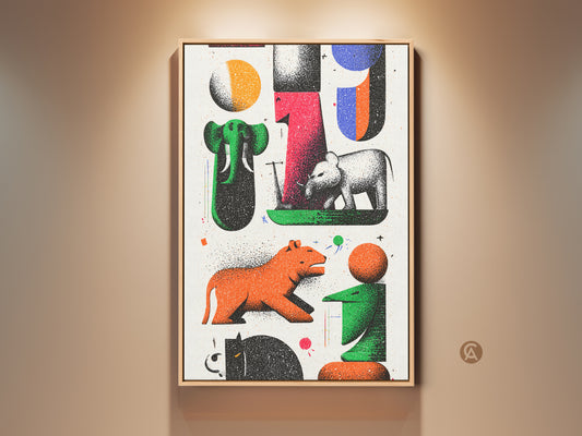 A framed canvas print displays modern folk art with abstract animals. An eclectic mix of green red and orange brings this piece to life. The artwork features elephants and tigers in a retro style. This unique wall decor enhances any living room or entry hall. It’s a perfect housewarming or animal lover gift. The canvas adds a touch of color and sophistication.