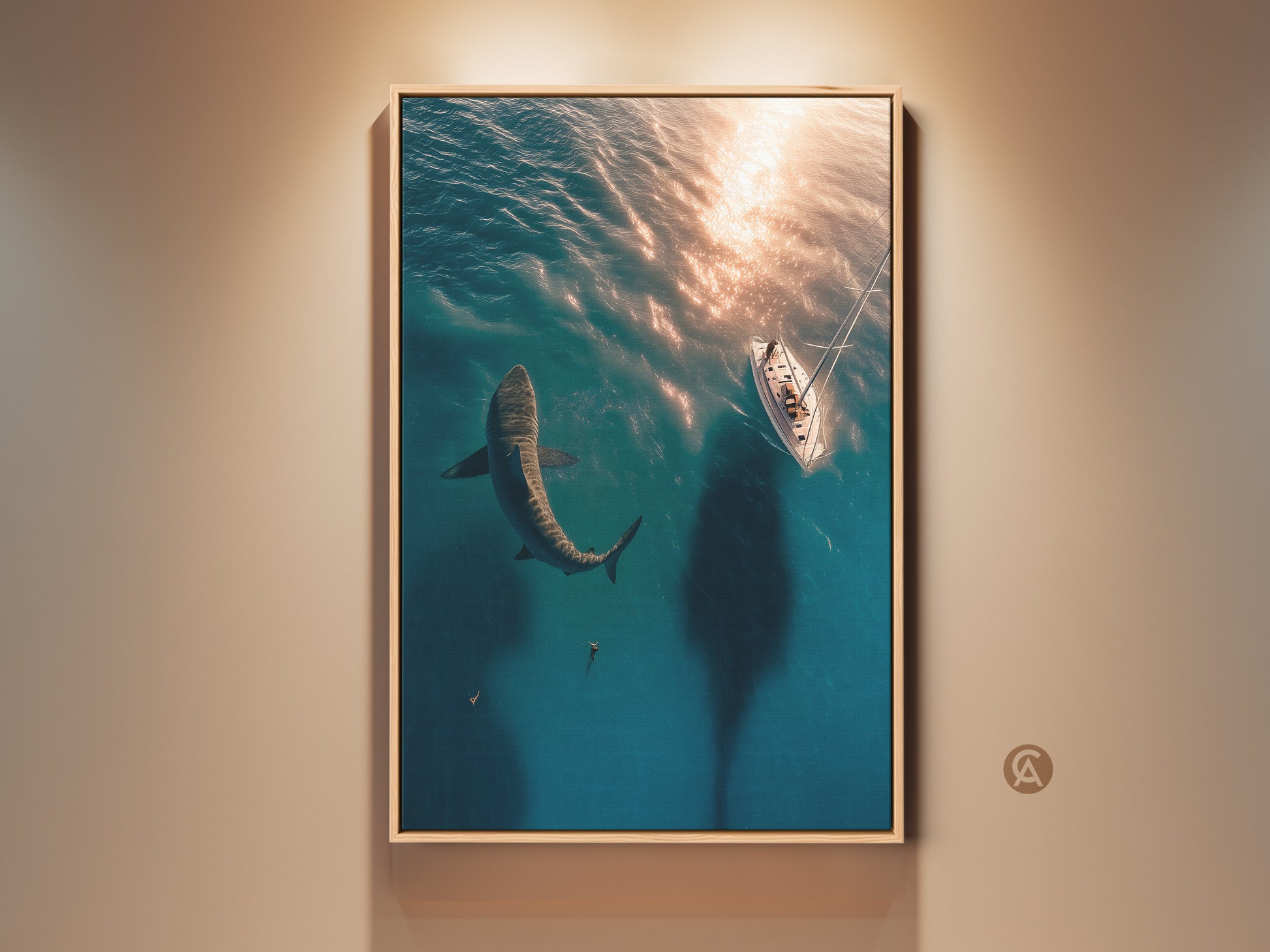 Teal ocean canvas art featuring a great white shark and sailboat. The deep blue wildlife wall decor creates an adventure theme. This modern ocean art is framed in oak. Perfect nautical home decor for shark lovers.