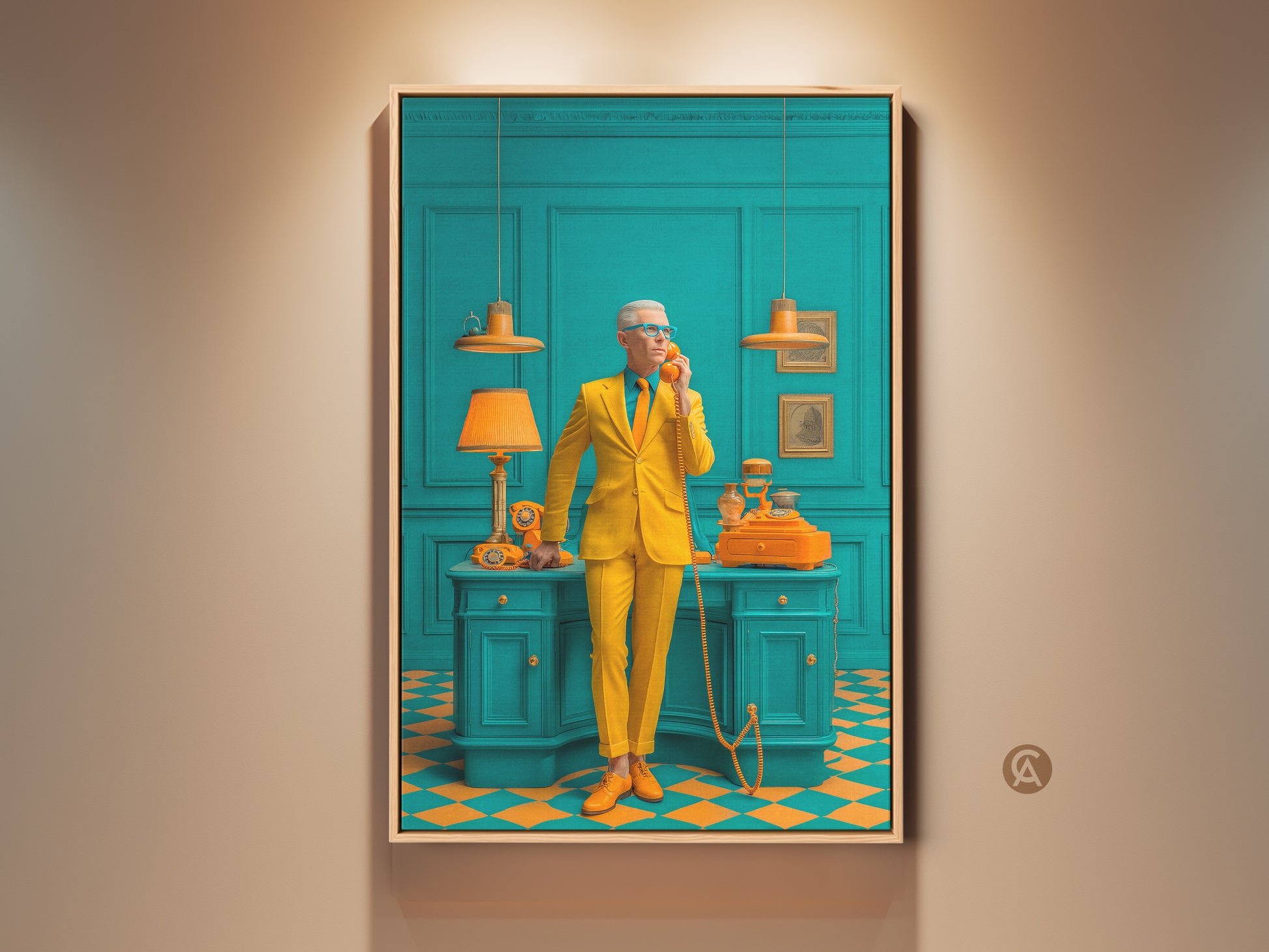 Eye-catching wall art print featuring a man in a yellow suit. He's talking on a vintage phone in a teal room. This retro artwork adds a pop of color and sophistication. Perfect for home or office decor. Shop now for unique art prints to elevate your space
