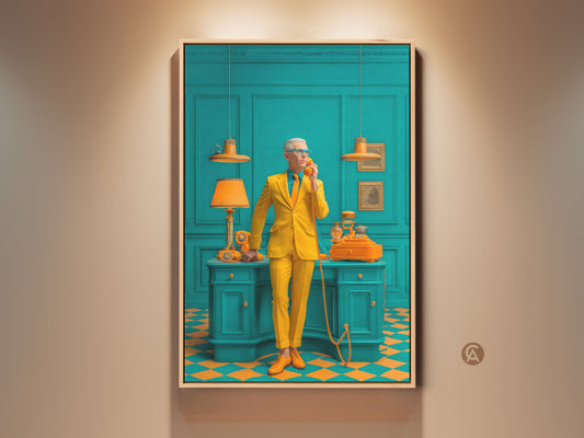 Eye-catching wall art print featuring a man in a yellow suit. He's talking on a vintage phone in a teal room. This retro artwork adds a pop of color and sophistication. Perfect for home or office decor. Shop now for unique art prints to elevate your space