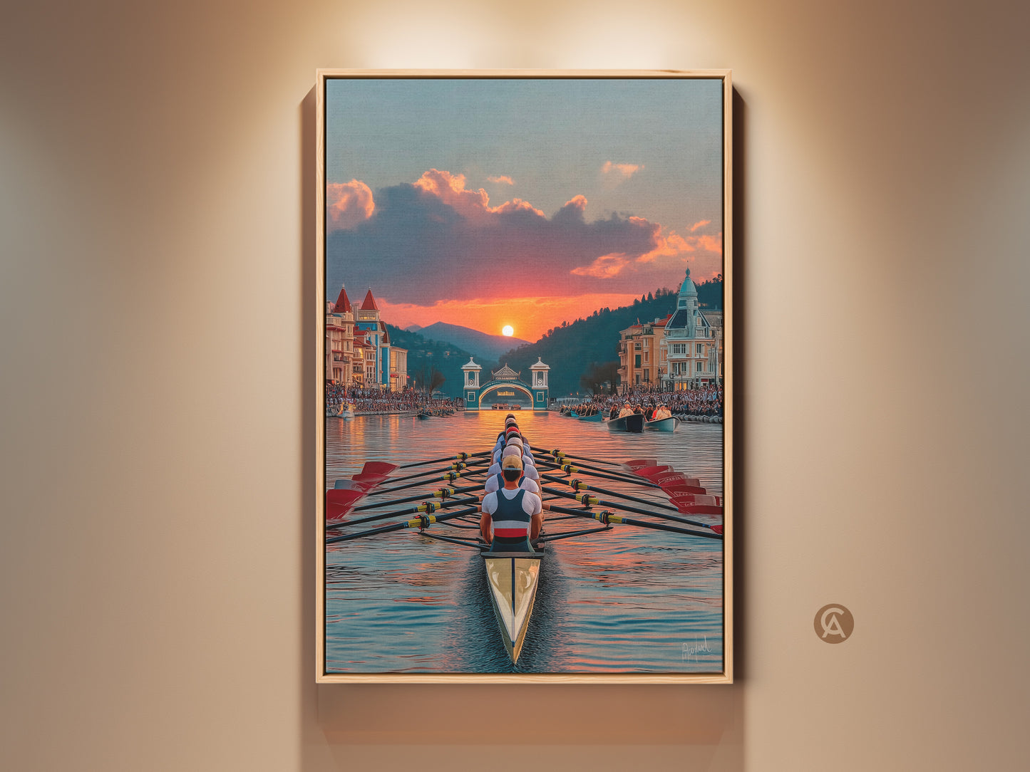 Framed Rowing Boat Sunset Canvas Art Print adds nautical sports flair to your space. It shows a team of scullers rowing into a golden sunset. This teal and gold artwork is perfect for an entry hall or home gym wall decor.
