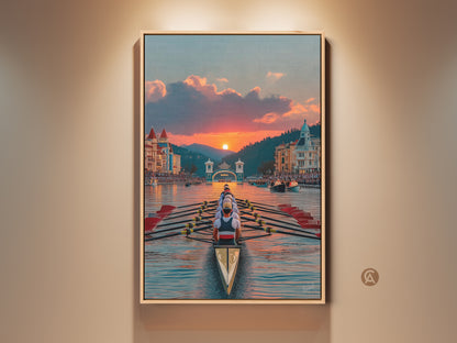 Framed Rowing Boat Sunset Canvas Art Print adds nautical sports flair to your space. It shows a team of scullers rowing into a golden sunset. This teal and gold artwork is perfect for an entry hall or home gym wall decor.