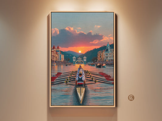 Framed Rowing Boat Sunset Canvas Art Print adds nautical sports flair to your space. It shows a team of scullers rowing into a golden sunset. This teal and gold artwork is perfect for an entry hall or home gym wall decor.
