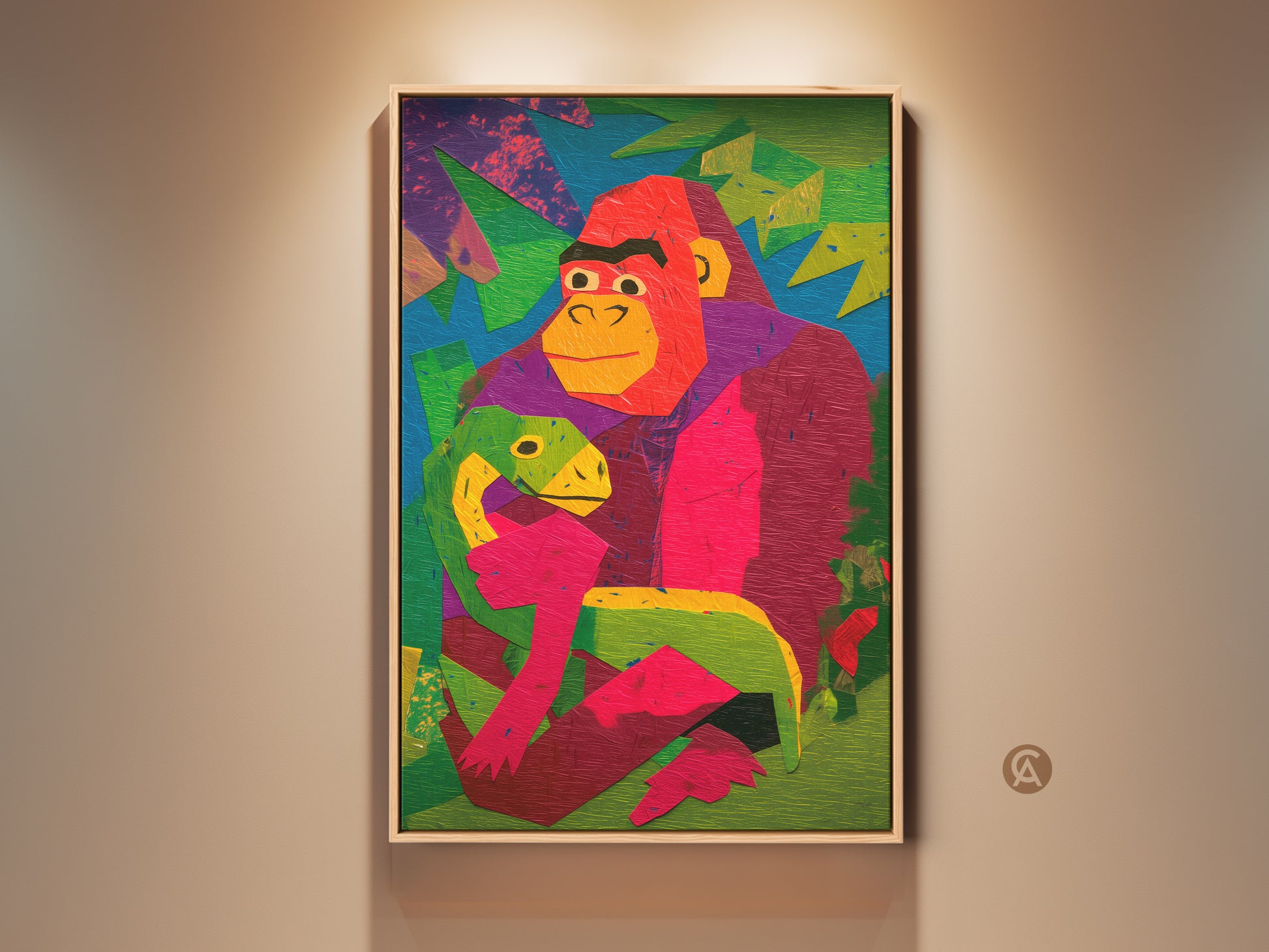 Close up of a colorful geometric animal wall art. The artwork features a gorilla holding a baby dinosaur. This eclectic home gift is perfect for kids' room canvas decor. The art style showcases a modern abstract pattern of red pink purple and green.
