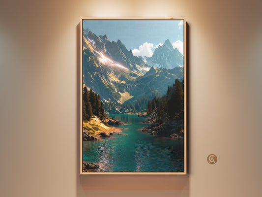 Framed mountain landscape artwork for sale. This stunning wall art features a turquoise lake surrounded by mountains. The art is framed and ready to hang. Perfect wall decor!