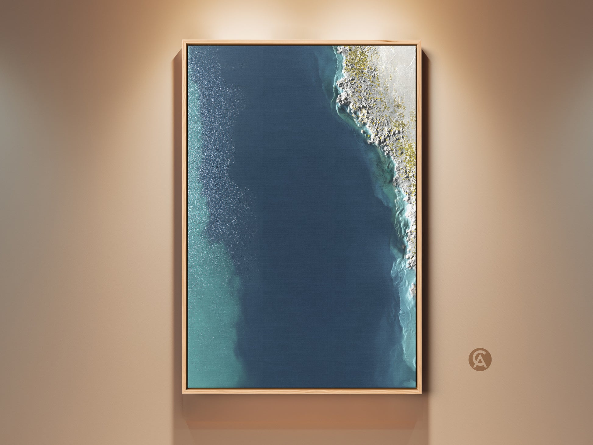 Framed Coastal Abstract Wall Art. This aerial ocean canvas print features deep blue and aqua hues. A minimalist shoreline artwork perfect as bedroom decor or a thoughtful housewarming gift. Contemporary style enhances any space.
