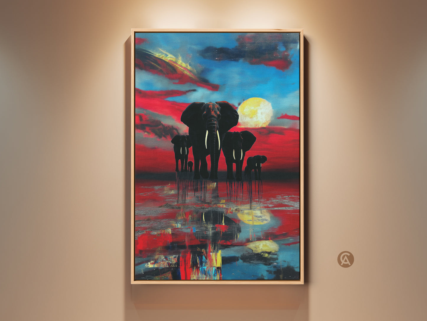 Framed abstract elephant family canvas art. The crimson and azure sunset art brings wildlife indoors. It is a vibrant canvas print with a yellow moon and water reflection detail. Add eclectic style to any room with this animal decor.