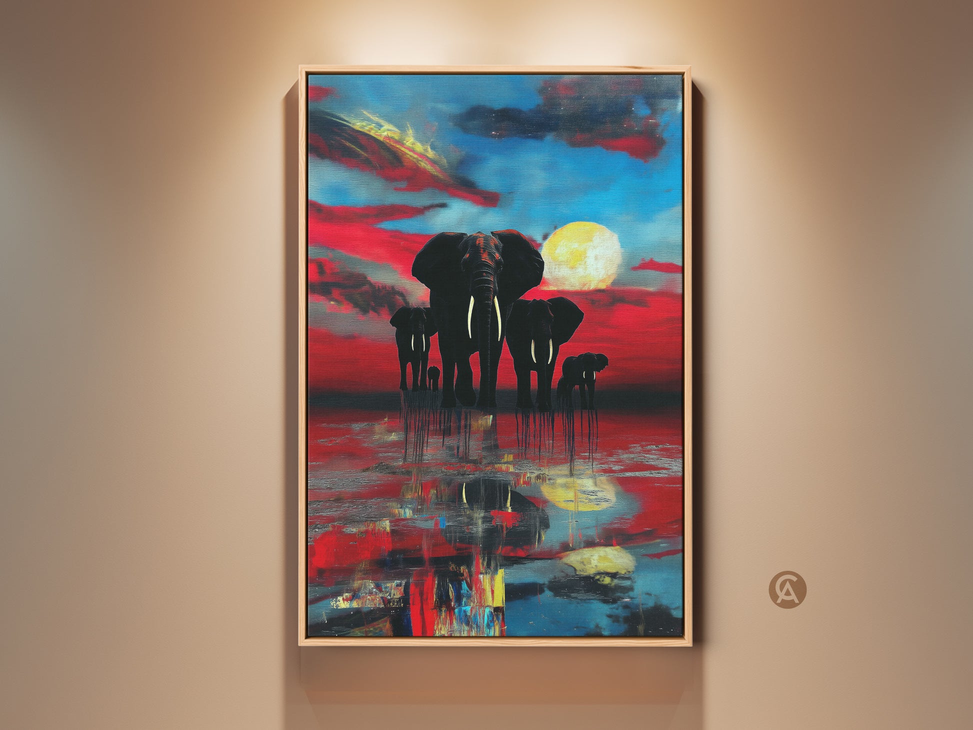 Framed abstract elephant family canvas art. The crimson and azure sunset art brings wildlife indoors. It is a vibrant canvas print with a yellow moon and water reflection detail. Add eclectic style to any room with this animal decor.