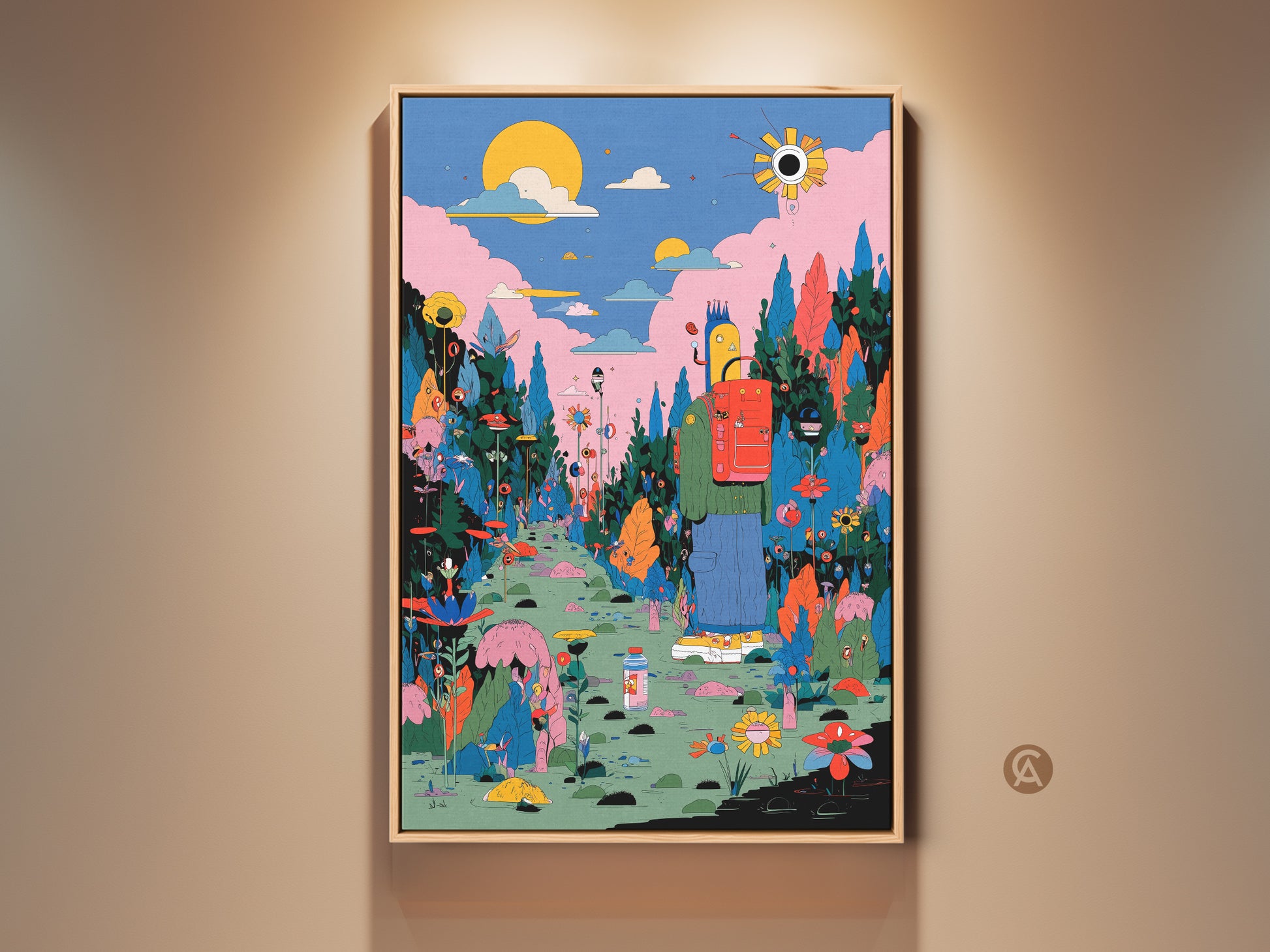 A framed canvas print features a colorful scene. A figure with a red backpack walks along a path. The artwork is vibrant with trees flowers and a whimsical sun. Perfect wall art to brighten any room with a touch of fantasy and style. Buy this framed artwork today.