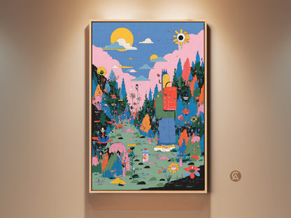A framed canvas print features a colorful scene. A figure with a red backpack walks along a path. The artwork is vibrant with trees flowers and a whimsical sun. Perfect wall art to brighten any room with a touch of fantasy and style. Buy this framed artwork today.