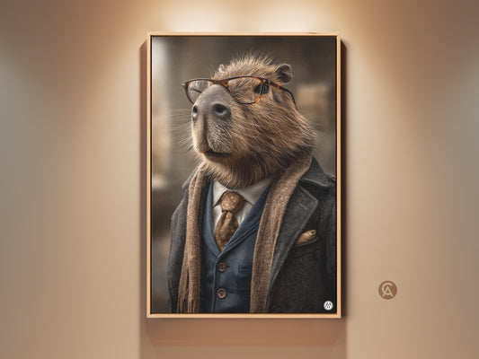 This fine art print features a dapper capybara wearing glasses and a coat with tie and scarf. The tan blue and brown portrait is an eclectic piece. It will be a unique animal lover gift great for office or study room decor.